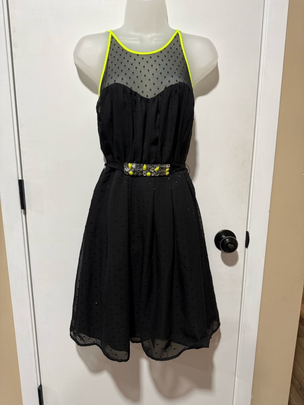 Vera Wang Black Midi Dress with Neon Yellow Trim-#1300